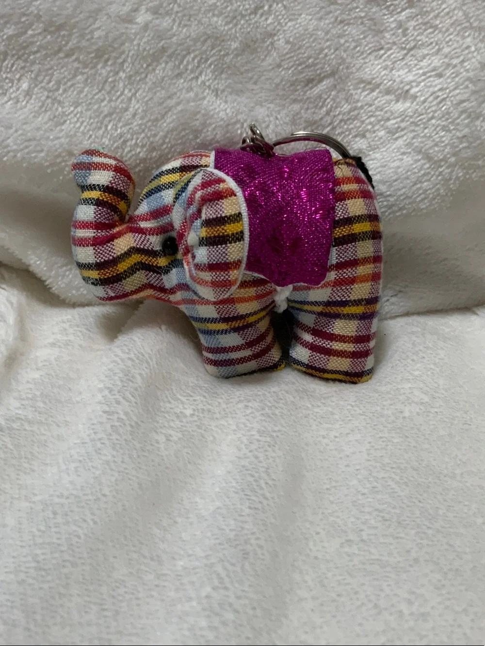 Plaid Fabric Elephant Keychain with Pink Saddle